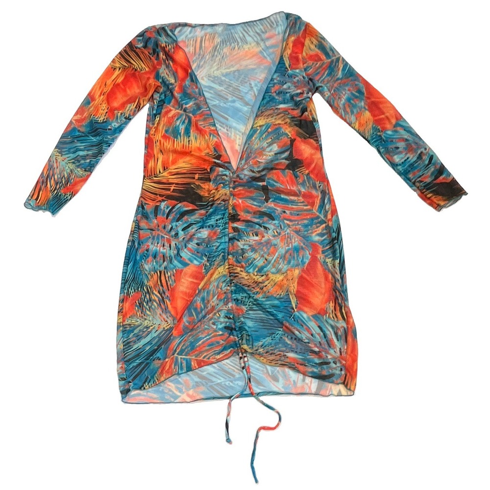 Tropical Mesh Ruched Mini Dress Long Sleeve V-Neck Bodycon Beach Cover Up Blue L